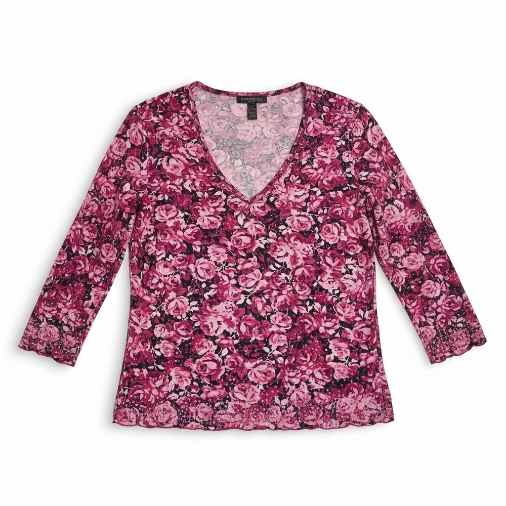 Vintage Express Large‎ Y2K 90s Mesh Sheer Top Pink Floral Roses Glitter Rave
